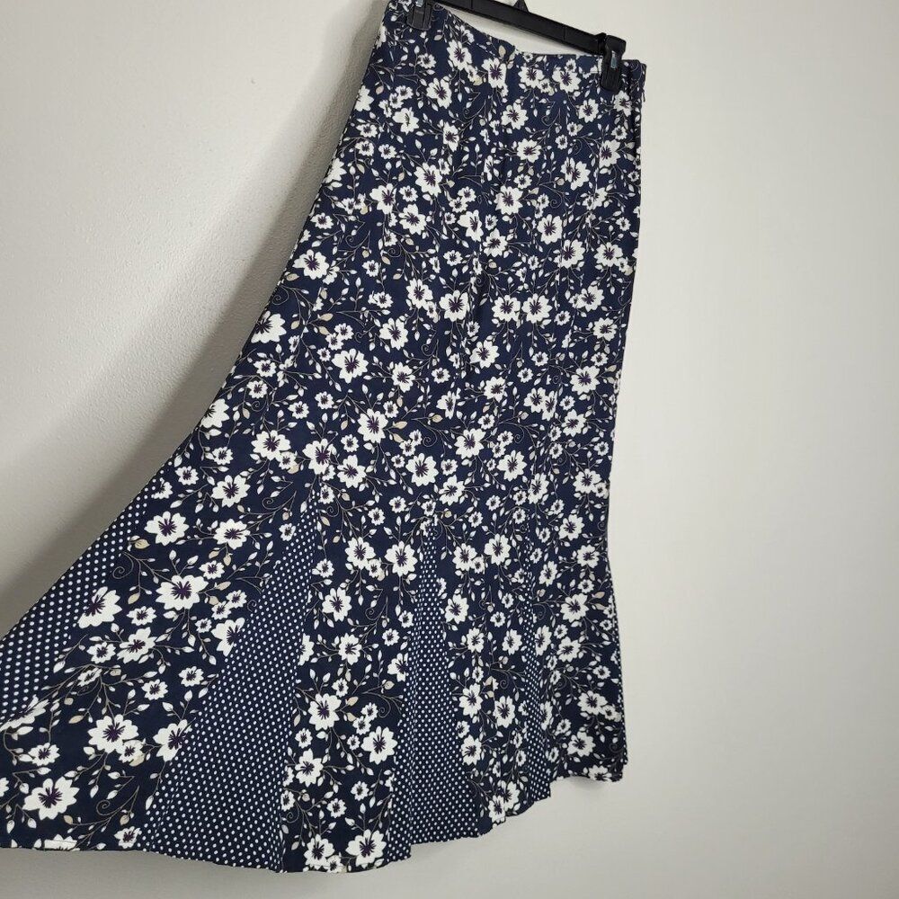 Vintage y2k blue white floral mixed print polka dot trumpet maxi skirt size 10 - Picture 2 of 7